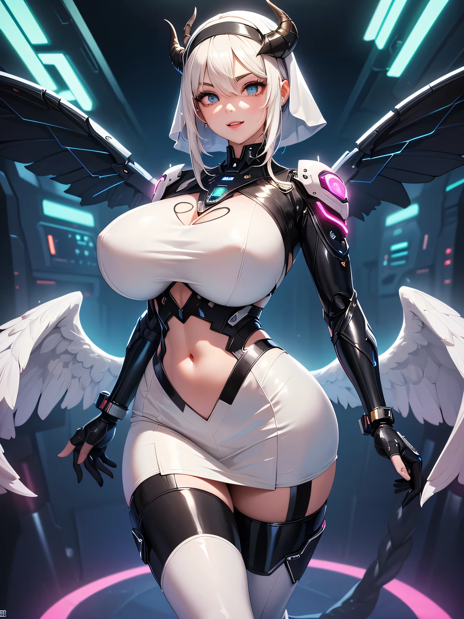 The most beautiful and sexy futuristic cyberpunk girl, white hair, red eyes, wearing highly detailed futuristic battle armor, cybernetic angel wings, glowing neon halo, huge gigantic nude tits and nipples exposed, hairy pussy exposed, tons of tattoos and piercings, laying down in her bed, futuristic graffiti style background, wide camera view, highly detailed background, perfect masterpiece, high quality, high resolution