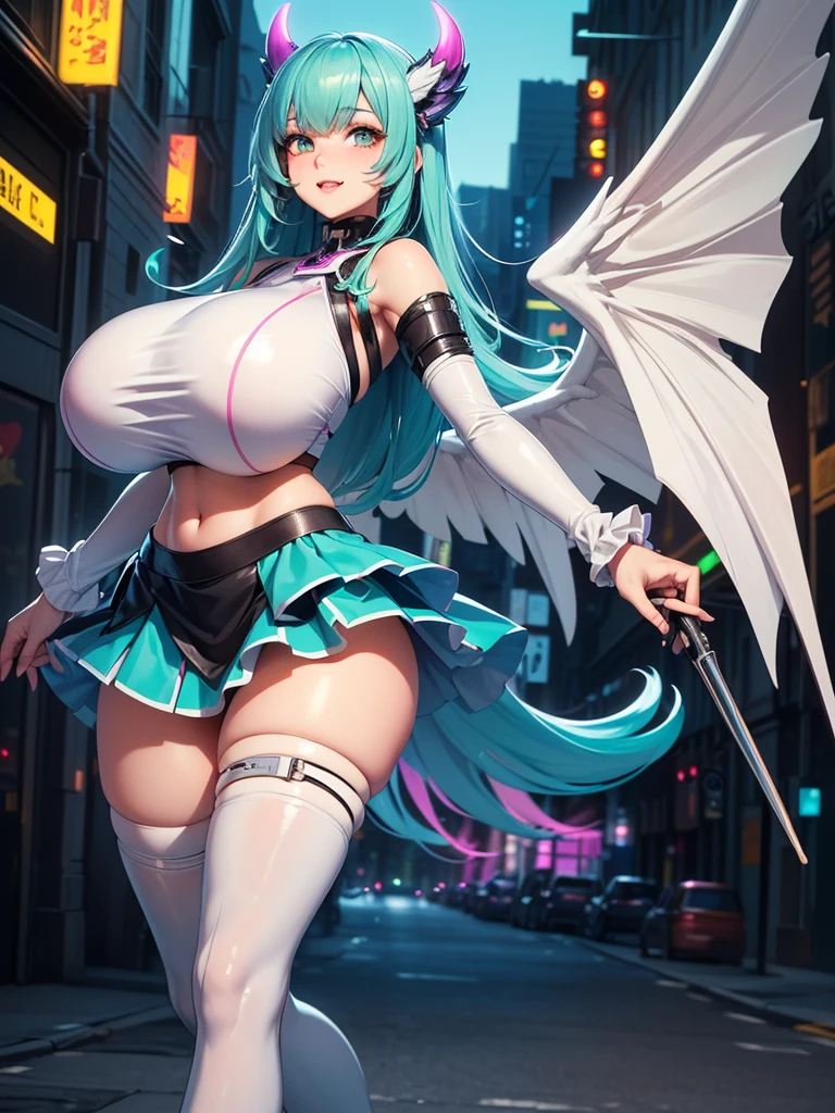 Tall girl, Short blue hair, blue eyes, Black Chinese dress, Blue inserts, open shoulders, big angel wings, Masterpiece, hiquality, high detail, HD, 4k