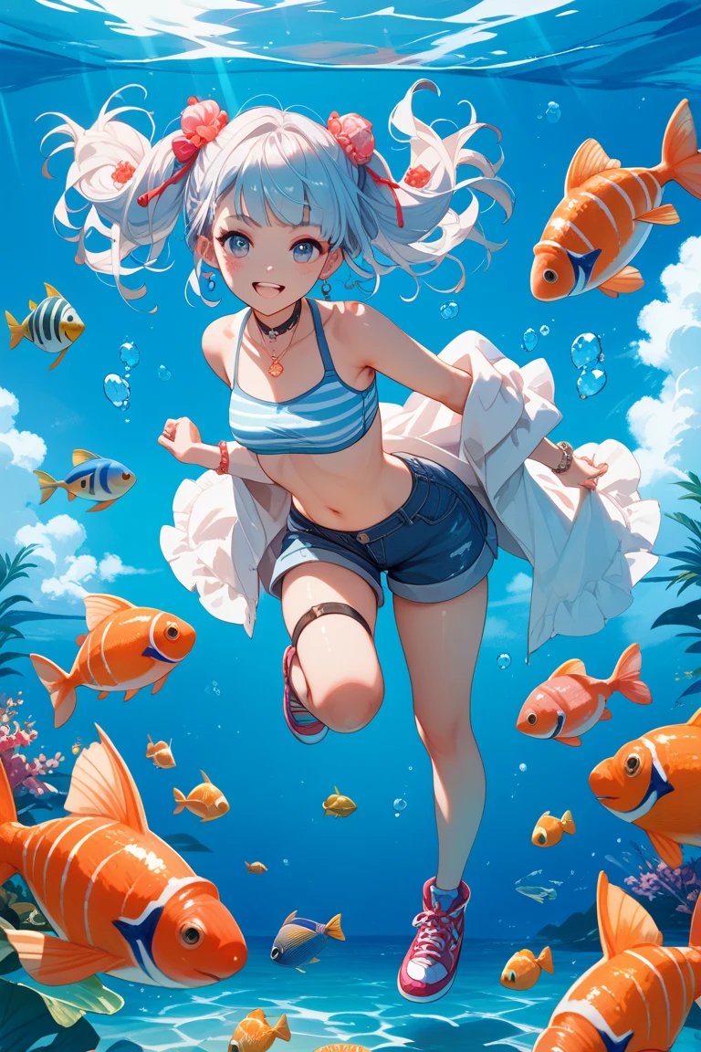 Masterpiece, high quality, Women, long gray hair, gold eyes, small swimsuit, blue, with artificial respirators on the back, swimming underwater, barefoot, a bottom fish tank, with some gold fish 