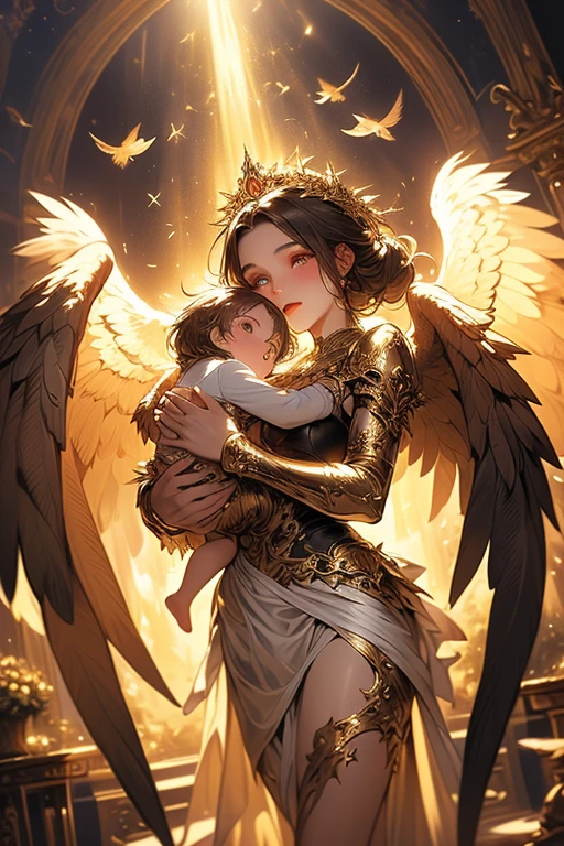 female angel with large wings holding a downed male warrior in her arms