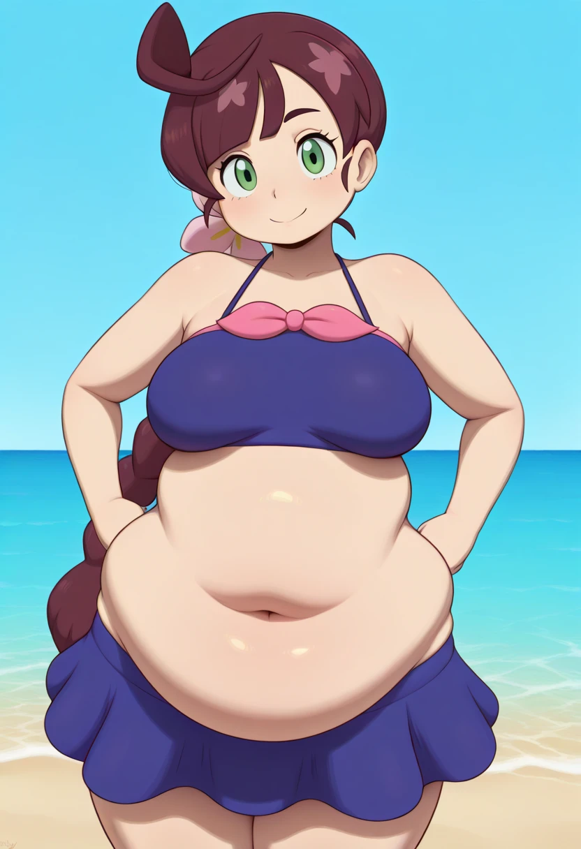 Bbw with enormous stomach, on the beach, watching the sunset, hair dreads, light smile, bikini, palm trees, at peace, sitting,