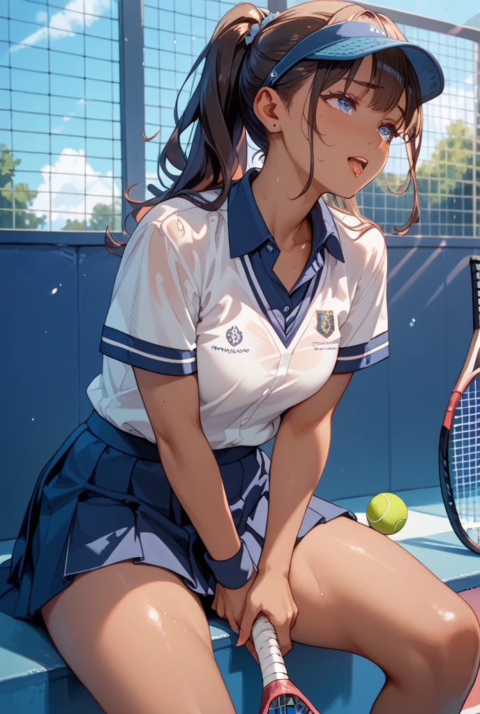 sksbrooke person, sksbrooke, (masterpiece:1.2), (best quality:1.2), perfect eyes, perfect face, 1girl, solo, brown eyes, (medium breasts), perky breasts, blue and black tennis uniform and shirt, tennis court background, smiling, kneeling