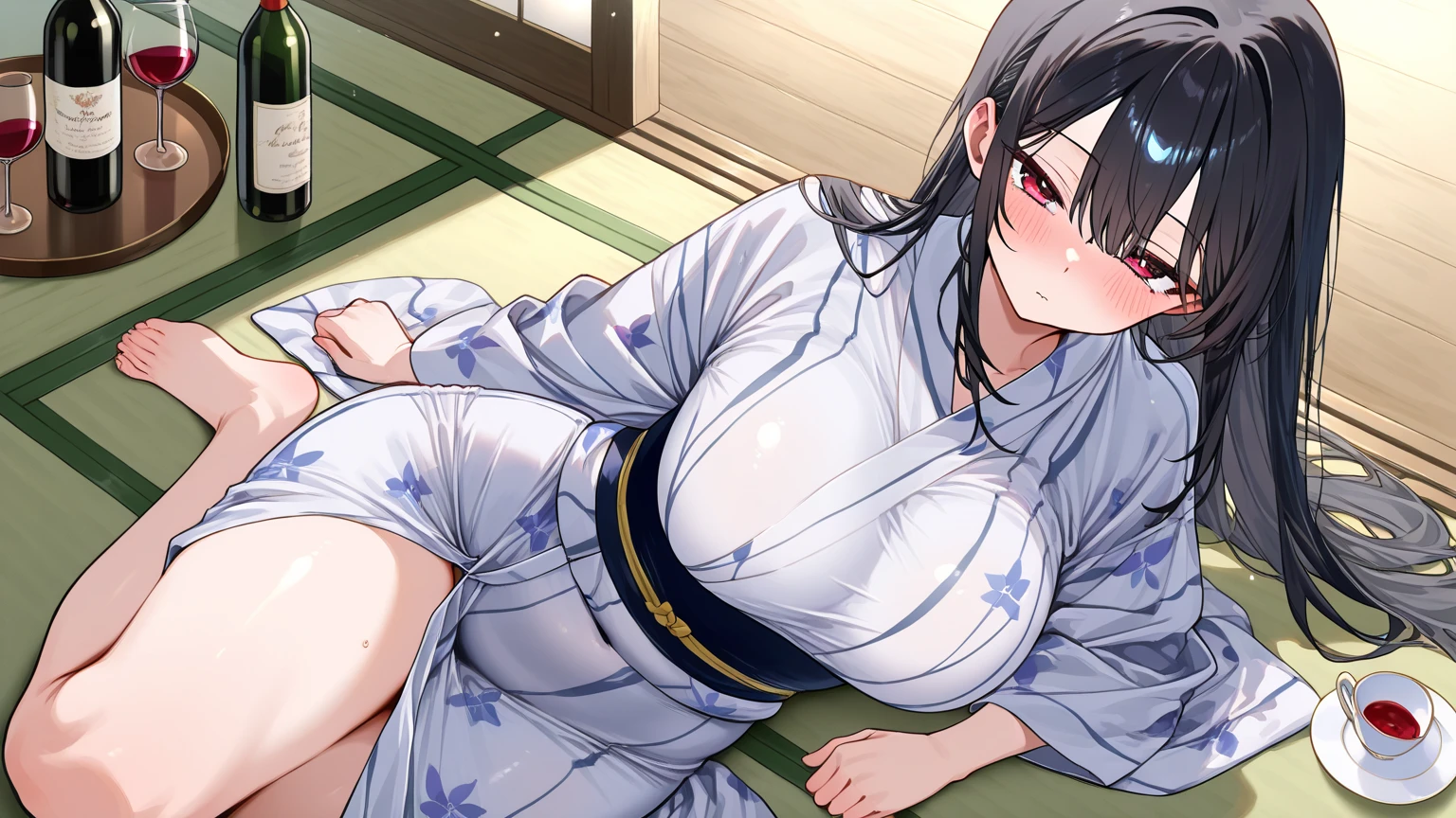 28 years old, A beautiful woman,Beautiful breasts,Hot spring inn,Japanese-style room,Open yukata,futon,Woman lying on her back,Sleep Style,In heat