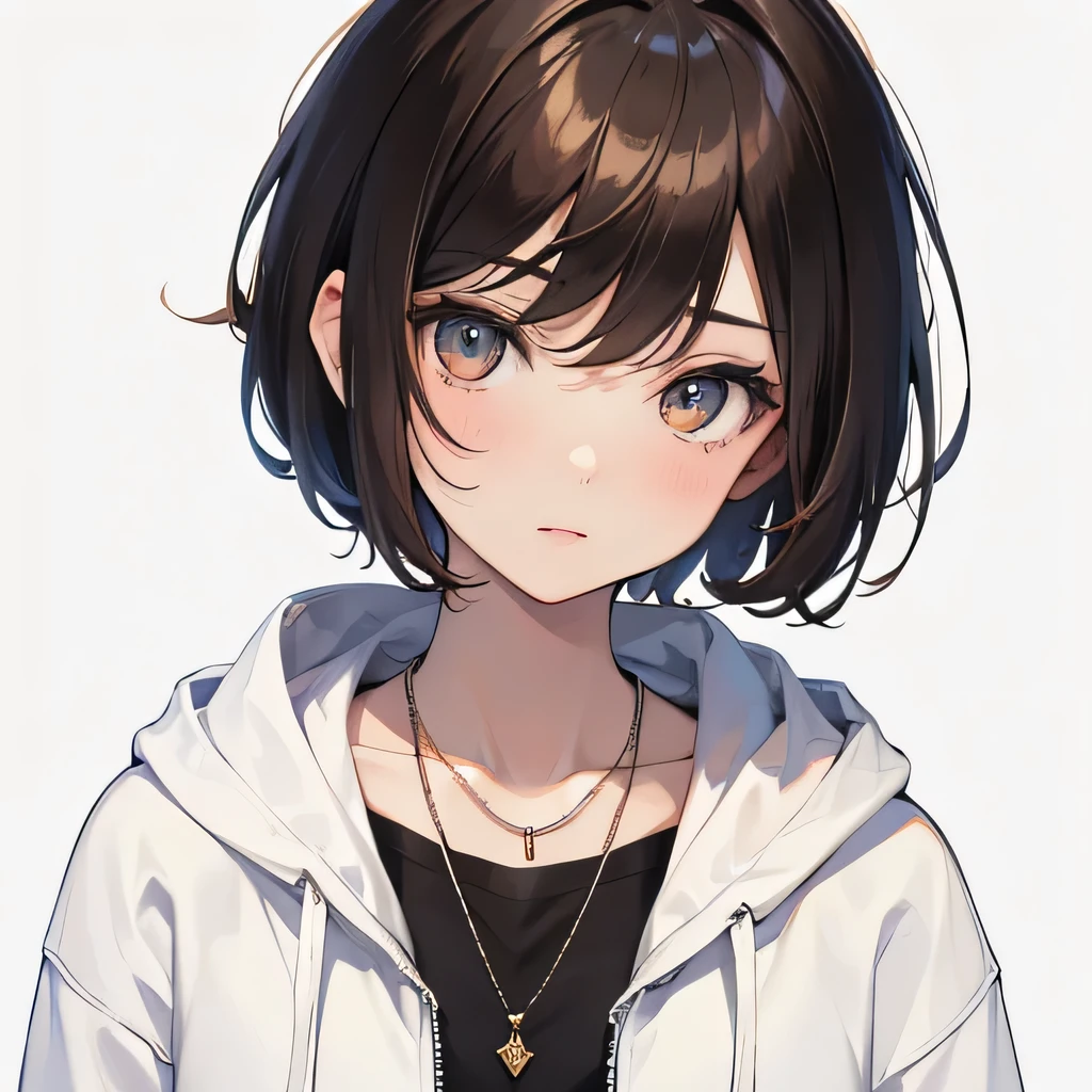 (((masterpiece, best quality, ultra highres, 1 girl, solo, no background))), super detailed skin and face and eyes and finger, beautiful japanese woman, small breasts:1.5, skinny, light brown hair, white background, very short curly pixie hair, (an illustration of girl), Knee shot, Generate with illustrations, Various expressions, Various poses, Please draw the entire character within the frame, ensuring that the head, arms, and legs are not cut off. The background should be simple, with the character positioned centrally, outline, anime, hoodie, 