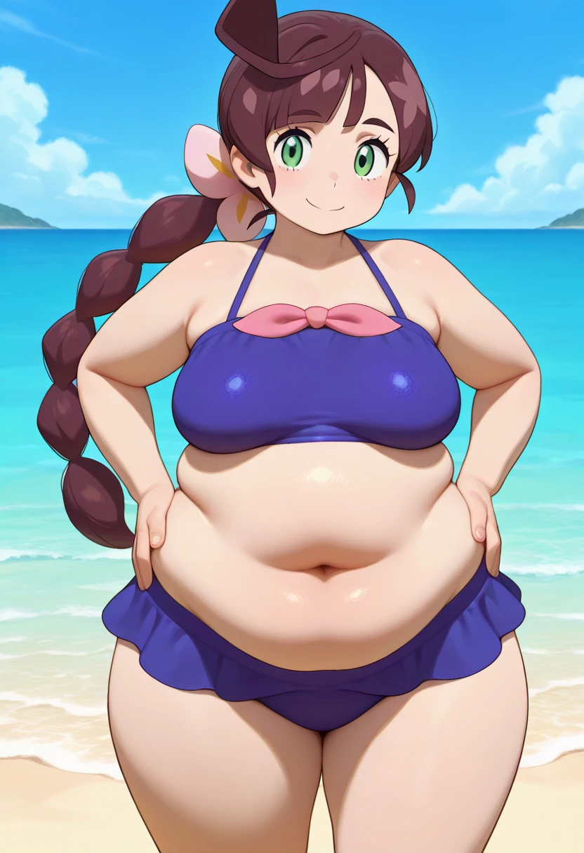 (masterpiece:1.2, best quality:1.2, beautiful:1.1, high quality, 4k:1.1, aesthetic), detailed, extremely detailed, ambient soft lighting, flawless, hires, 1girl, solo, bikini, big breasts, plump, thick thighs, arms at sides, brown hair, blue eyes, beach, chubby belly. wide hips. obese,