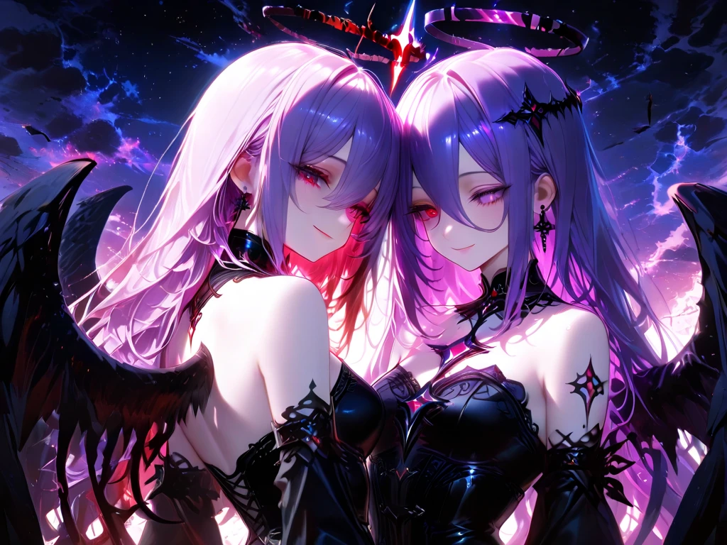 Demon girl with pale white skin, purple crystalline eyes, long white hair with purple highlights, she has demon fangs and is sneering, there are two small black batsbehind her and they have bat wings and crystalline irises, The girl is wearing a black cloak that covers her body with a black hood over her head, her hair is coming out of the hood, The camera is looking up at her face, the full moon is behind her, it is a dark and clear night
