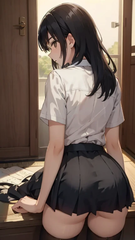 ({ masterpiece : best quality : high resolution : unity 8k wallpaper : illustration : extremely detailed face : perfect lighting : extremely detailed CG : perfect anatomy } { background = horror theme : dark room} { character = solo : long hair : light brown hair : white shirt : black tie : skirts : fit body : view from behind : standing }