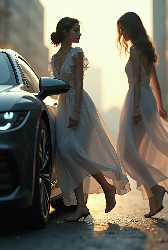 Beautiful women wash the car