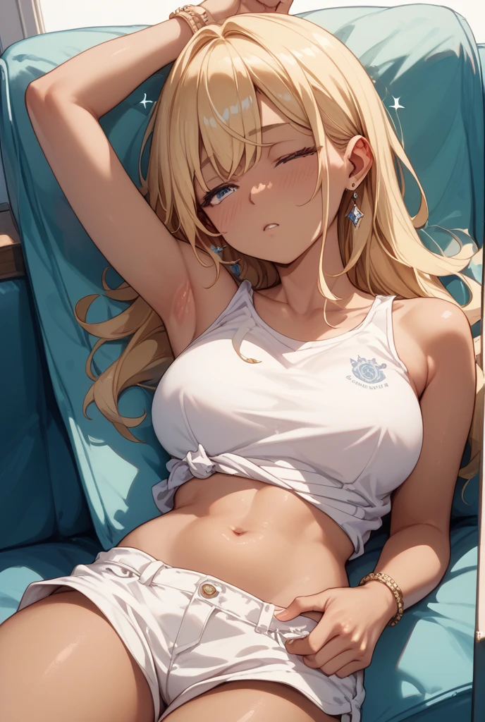 (masterpiece, best quality:1.5), (high resolution 8K), detailed eyes and face, detailed body, 
BREAK 1 girl, japanese girl, longhair, blonde hair, blonde eyes, wave hair, pony tail, (mascara:1.2), (tan skin:1.2), dark skin, (piercing:1.2),
BREAK Swathed in the soft light of the afternoon sun, a beautiful woman lounges in a hammock strung between two palm trees. She’s adorned in a pastel pink bikini, which complements the gentle hues of the setting. Her body is relaxed, one hand resting on her abdomen, the other hanging loosely, touching the sand. Her eyes are closed, and a serene smile graces her lips, suggesting a deep sense of peace. The camera’s viewpoint is from above, capturing the curvature of the hammock, the relaxed pose, and the surrounding beach environment