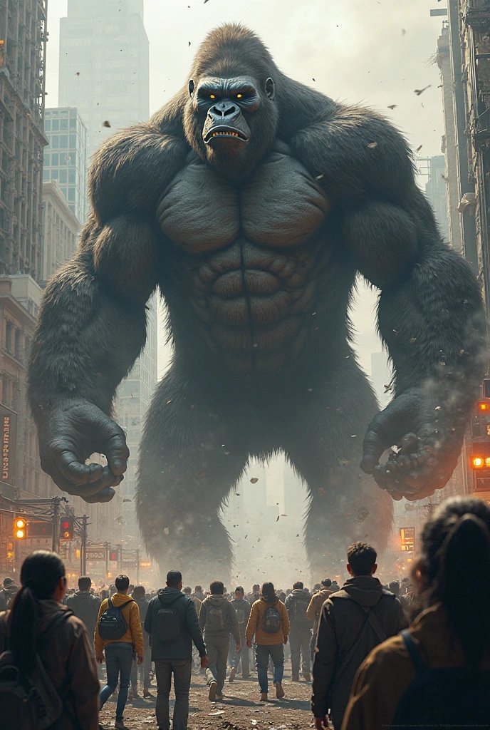 The giant has captured the city, People around are running in terror.