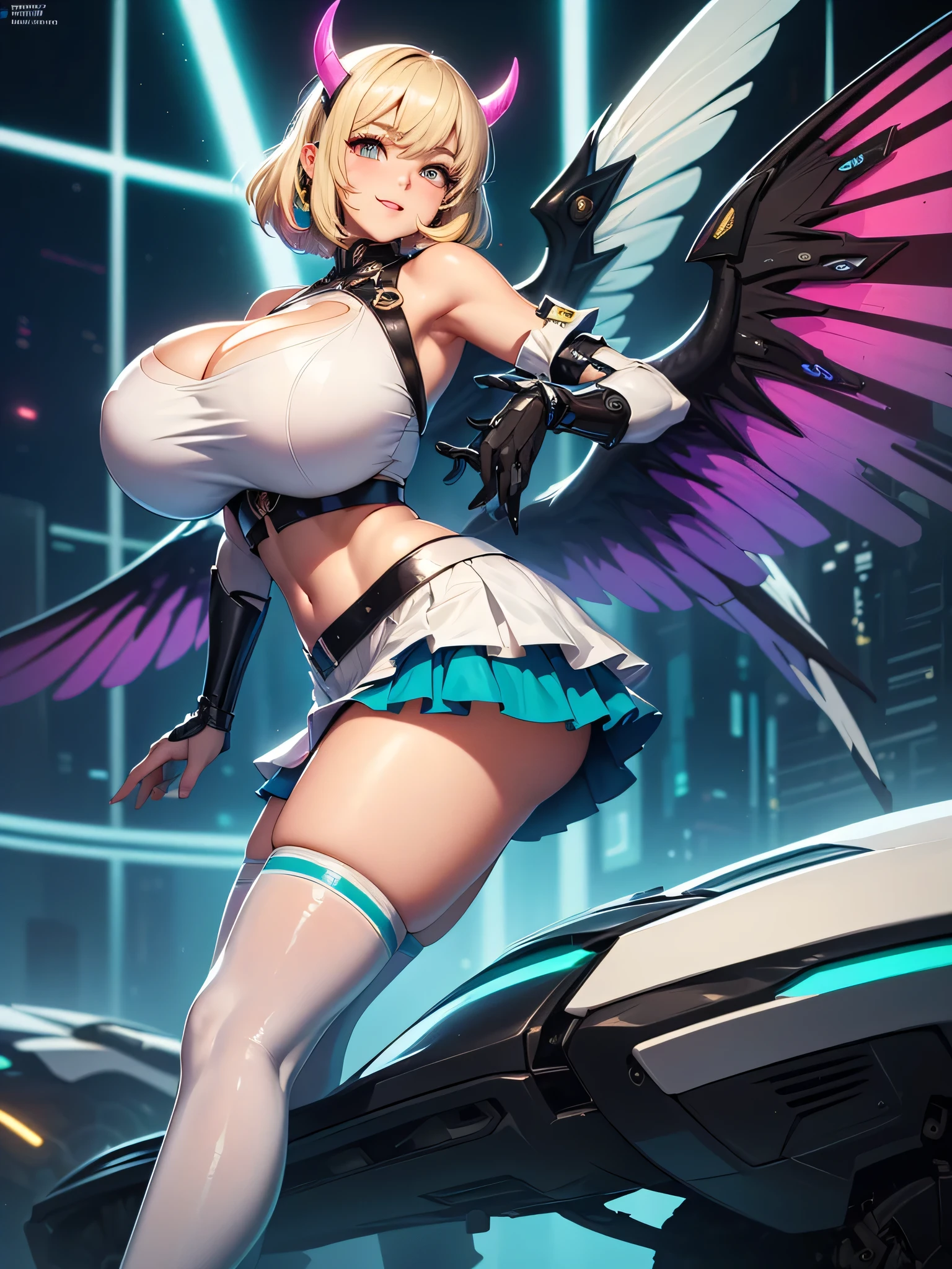(((masterpiece))), (((best quality))), ((ultra-detailed)), (illustration), ((an extremely delicate and beautiful)), ((super detail)), ((high resolution)), (((20 years old))), metallic cloth, (cheerleader), (android), ((mechanical wings)), delicate metal decorations, gleaming skin, shiny body, two legs, breast focus, (((tall))), slender legs, ((big round eyes)), cute eyes, drooping eyes, ((adult)), two hands, five fingers, no extra hands, elegant smile, braid, medium length hair, ((metallic)), (see-through), (dark blonde), (ultra-huge breasts), (shining brightly), outdoor, mini skirt, city, daytime, ((biopunk)),