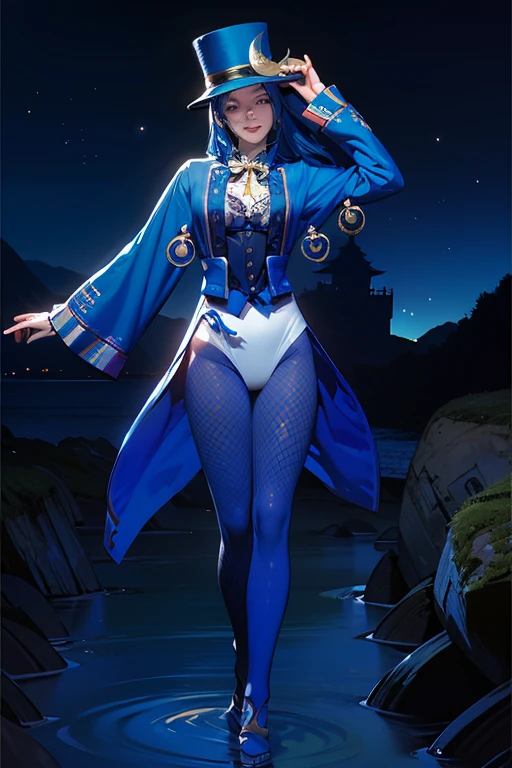 DLDL water ice tray, 1 girl, alone, blue hair, blue eyes,skirt,Single thigh high,thigh strap,long sleeves,Clothes tailoring, Capulet, Gloves, looking at the audience, city View, night, sensual female, hands on hips,  Big breasts，big breasts，Show breasts，exposing her chest