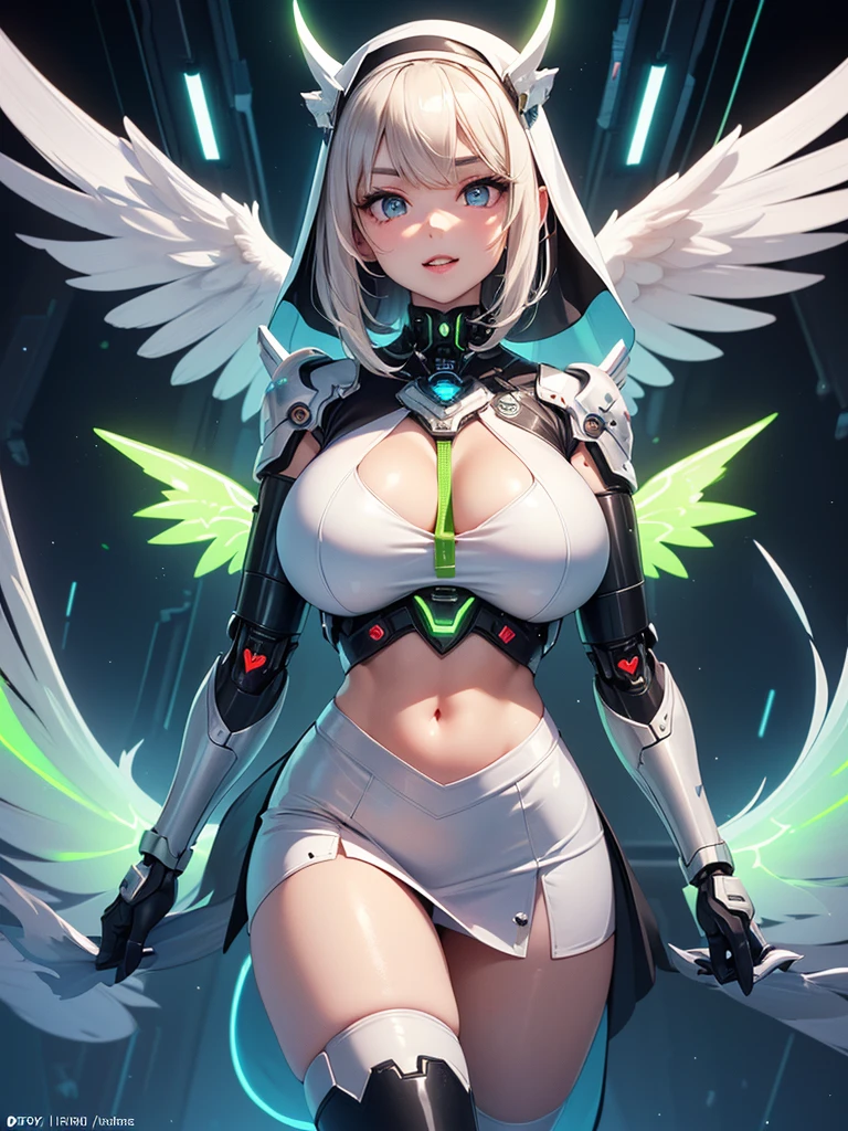 top-quality、masterpiece、超A high resolution、(Photorealsitic:1.4)、Raw photo、Battle Cyborg Angel、large wings made of metal、White porcelain body、Acrylic Clear Cover、white hair、glowy skin、1 Cyborg Girl、((super realistic details))、portlate、globalillumination、Shadow、octan render、8K、ultrasharp、character edge light,Colossal tits、Raw skin is exposed in cleavage、Details of complex ornaments、Double Zeta Gundam details、Hydraulic cylinder、Small LED lamp、highly intricate detail、Realistic light、a purple eye、radiant eyes、Facing the camera、neon details、cowboy shot、Futuristic headgear、About Cyberpunk、、