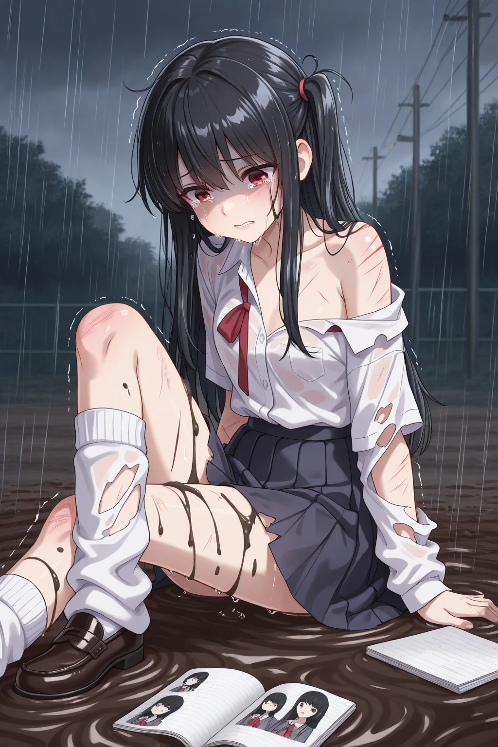 realistic,((masterpiece,Highest quality:1.3,best quality illustration)),cowboy shot,独奏,1woman,(18-year-old、Japanese Beauty),dark brown hair,long hair,bangs,brown eyes,gorgeous eyes,((very small head:1.3)),crying,Heavy breathing,((very long body:1.2,skinny)),medium breasts,(Red ribbon tie、White collared shirt、Long sleeve、Navy blue pleated neakers),Wet crotch、sweat,gleaming skin,toned body,slender body,(squatting),Sneakers、Abandoned house、at night、Tokyo、