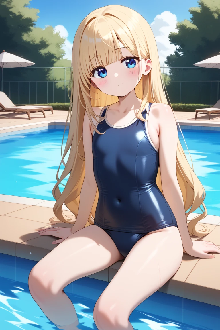 ((School Swimsuit)),Cute little loli,Tiny Lori,Small girl,,Childish face, Very fine clean face,Top quality, Big eyes,Straight Hair,Yellow hair,Crimson Eye,(Dark Room), Subtle Light, Natural light,Soft lighting,Light from directly behind, (Are standing), Cute pose, Showing the whole body,Front view
