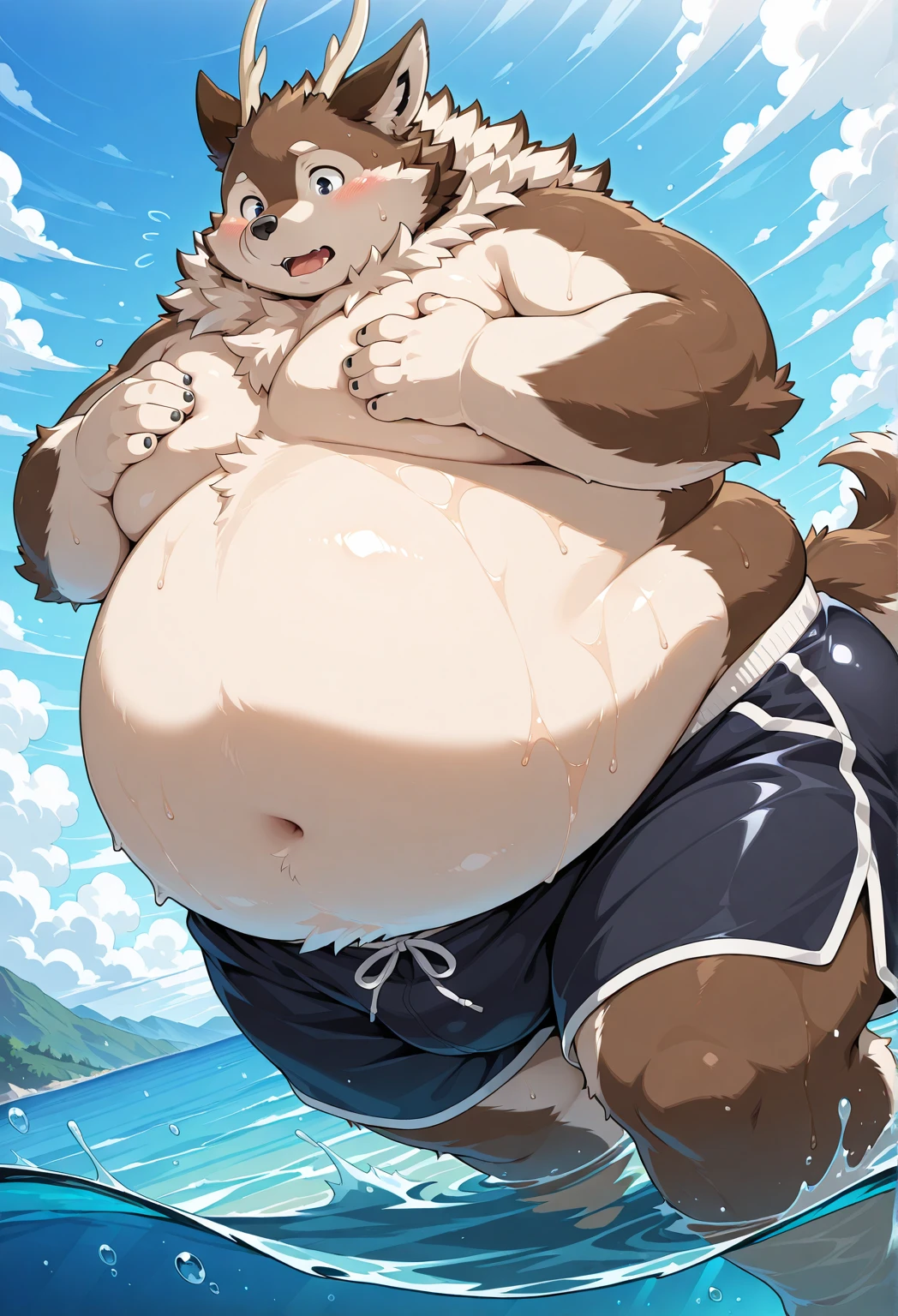 (by zixiong:1.1),(by takemoto arashi),(kemono:1.2),furry,shiquanhao,blue bear,1boy,blue fur,animal ears,blue eyes,bear ears,blue hair,fat,bear boy,beach,(masterpiece),(very detailed),(best quality),alone,(detailed background:1.2),(smile:1.1),(detailed eye:1.2),topless,(white fundoshi bulge by penis:1.1),