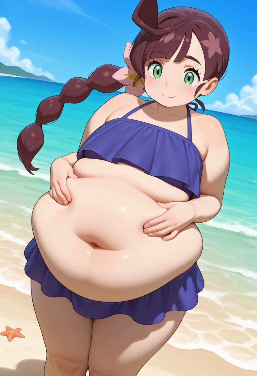 "hmmarnie, obese child, (masterpiece, Highest Quality) , fat belly, thick thighs, fat arms, big cheeks, with aqua eyes and a green ribbon, possesses model-like looks. She appears slightly embarrassed, wearing a hair flower, earrings, jewelry, and a halterneck. She also adorns a bracelet and reveals her navel in a pink frilled bikini, complemented with a sarong. The setting is a sunny beach, where sandcastles are being built.", 4K