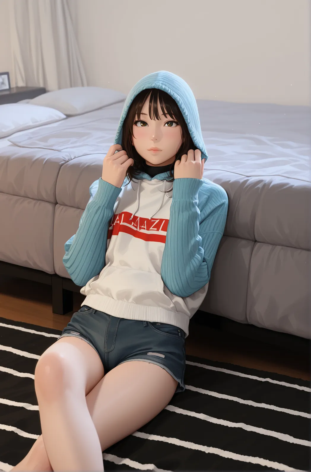 Browsing Caution,((Perfect Anatomy:1.5,Realistic,:1.3,Raw photo:1.3,masterpiece、highest quality、Ultra - High resolution、High resolution、Extremely detailed CG、8k)),Cowboy Shot,1 female,alone,20 year old beauty,(Beautiful and exquisite face and eyes,Big and beautiful eyes),Bright green eyes,(Brown Hair,ponytail,Long Hair,bangs),(blush、Embarrassing:1.5),slightly open your lips,(Medium chest,Slender body,Small Head、skinny, Glowing Skin,Oily skin,Shiny skin),walk,((White hooded sweatshirt,Oversized hood)),　((Tucked-up sweatshirt:1.5)),((White knee-high socks:1.5),(Low-rise white see-through panties、Love Juice、cum in pussy:1.4),on the road,Shibuya Station、Tokyo、(whole body:1.3)