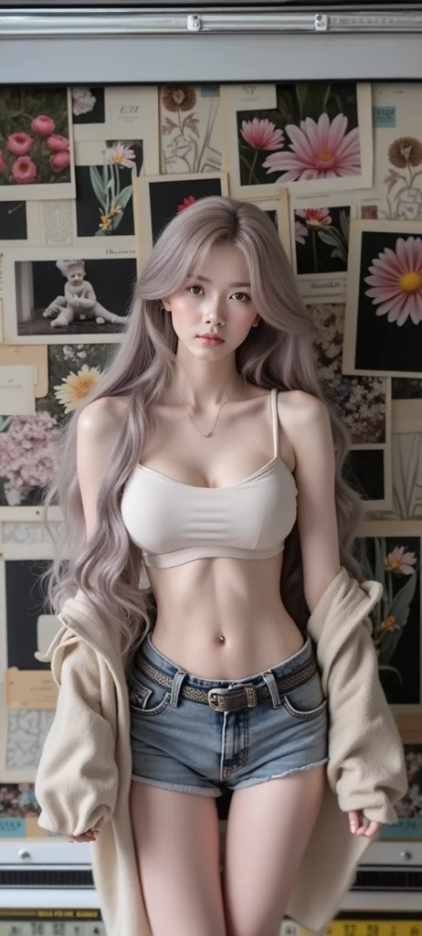 1 Girl, Beautiful, Baby Face, 20 Years Old, White Skin, Large Breasts, White Embroidered Motif Lingerie, ((muscles:1.3)), Posing For Photos in The Bedroom, ((Girly Bedroom)), Grey Hair, Silver Twintail, ((adorable:1.1)), ((masterpiece:1.1)), Sleepy Cute Face, ((Pastel Coloured))