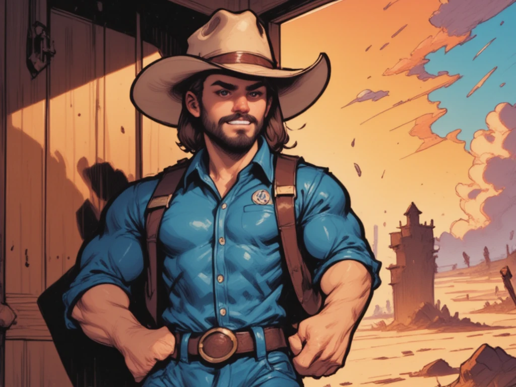 Nsfw , naked solo man ,8k, high quality , detailed face , detailed fingers ,detailed muscles, detailed cock , stephen amell wearing a cowboy outfit  , unbuttoned vintage pants, shirtless, showing balls and a hard cock, , wearing a vintage cowboy fancy hat , a vintage belt with gun ,showing a dark blond short hair , a thick facial hair , hard nipples, ,hunk and handsome, laying on his back in the hay in a stable  , spread legs , volumetric lighting, Masterpiece detail stable