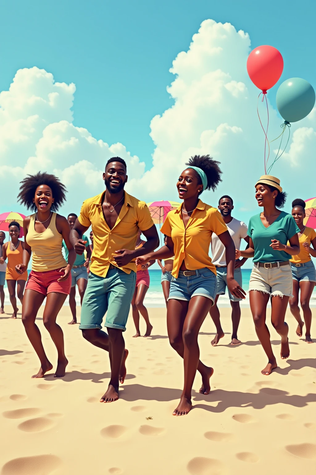 Beaucoup de jeunes hommes et femmes noires en short et chemise entrain de s'amuser en tenue de plage