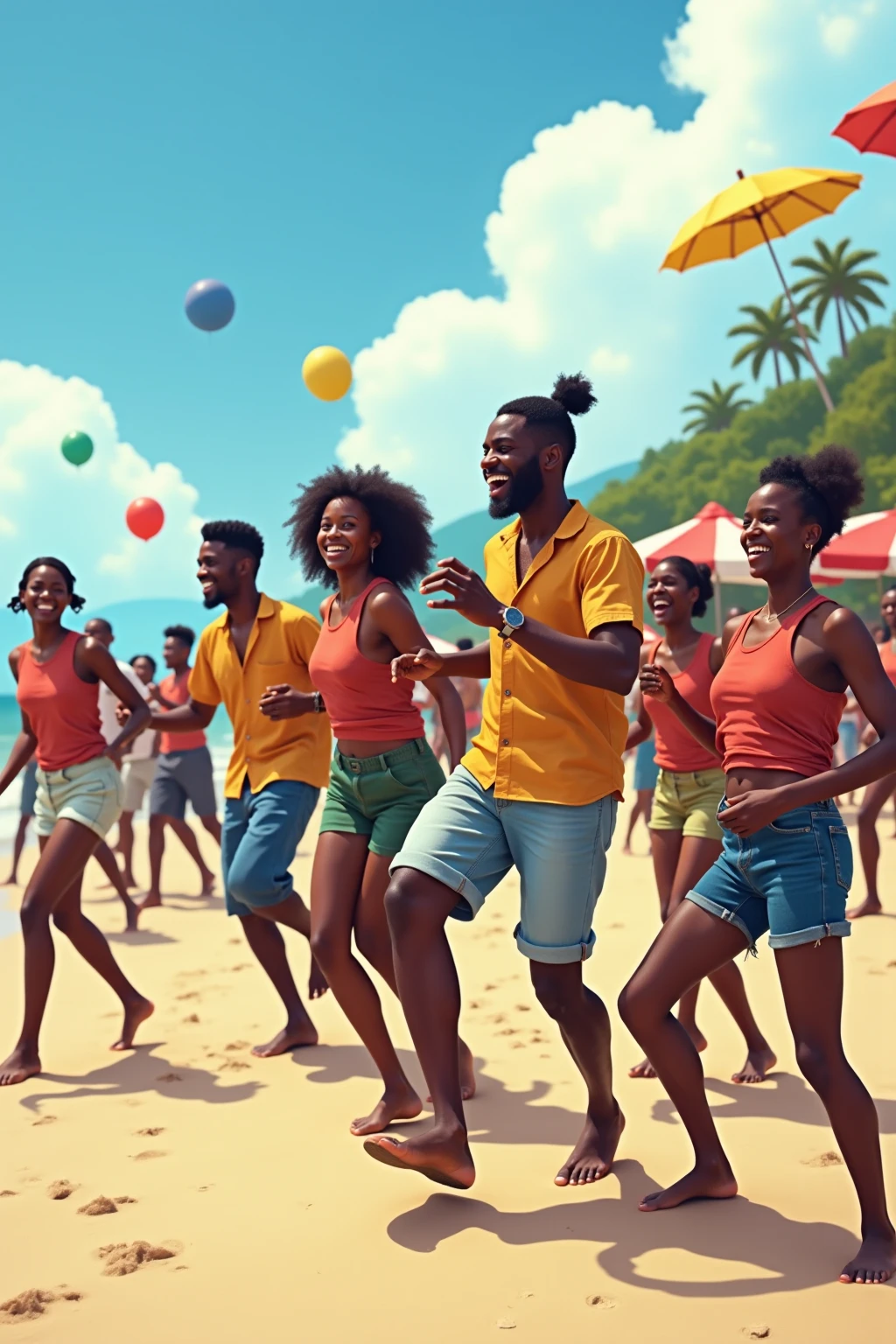 A man playing ball in Brazil on the beach with women in bikinis 