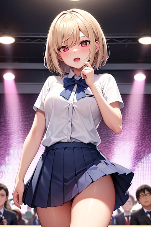 lighting like a movie、top-quality、Pole Dancing Women、Eyes from below、on a stage、embarrassed from、full of sweat、Wearing sweat、a sailor suit、checked skirt、