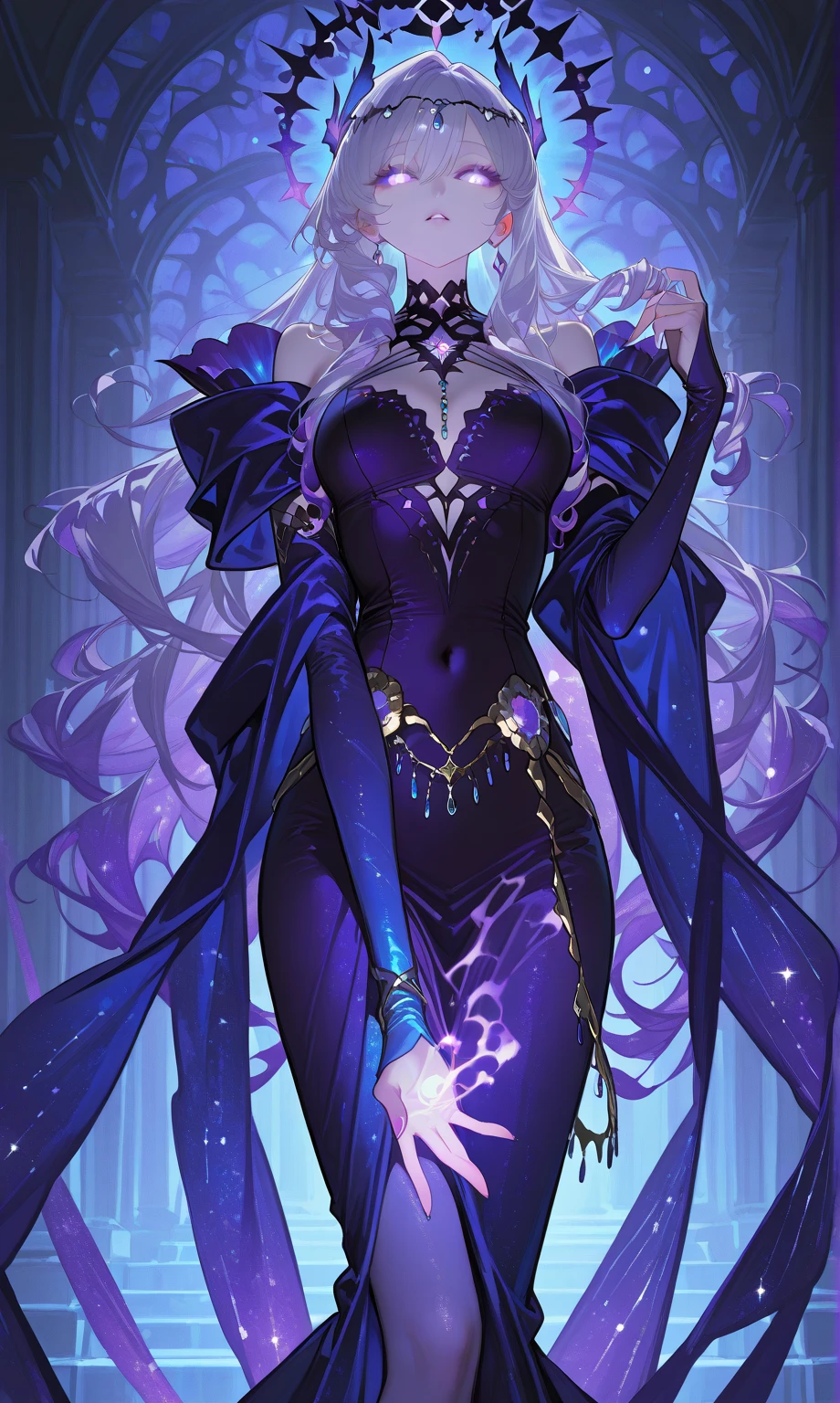 (masterpiece, best quality:1.5), (ultra detailed, high resolution, 8k, beautiful detailed, UHD, best anatomy), white hair, flat breasts, 1 cool girl, Flame effects around, Jet black robe, has a purple aura over one eye, standing, night, Serious expression