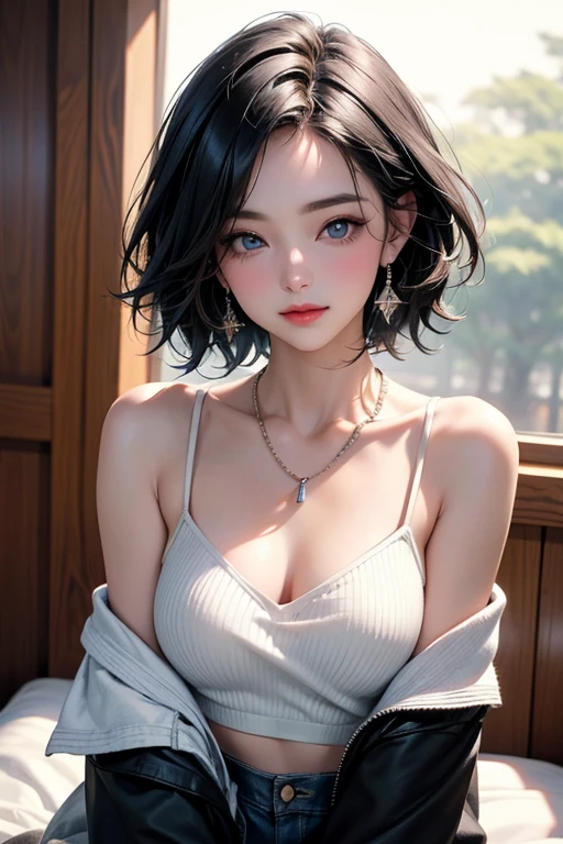 (buttons up to shirt length: 1.2), (rain-soaked white shirt), (unbuttoned shirt: 1.1), big, deep cleavage, top quality, masterpiece, illustration, very delicate and beautiful, very detailed, cg, unity, 8k wallpaper, amazing, fine detail, highly detailed CG Unity 8K wallpaper, huge file size, very detailed, high resolution, handsome detailed woman, Highly detailed eyes and face, stunning detailed eyes, face light, (best illustration: 1.1), (best shadow: 1.1), ultra high resolution, (photorealistic: 1.1), (photorealistic 1.2:1.1), realistic face proportions, slim, smile, (makeup: 0.4), (fluffy black eyes: 1.21), bangs, forehead, short hair, short bob, pale colored eyes, crystal clear eyes, teeth, smile, smiling, looking viewer, dark brown hair, moles, earrings, choker, necklace, hairpin, cowboy shot, (irregular irregular skin imperfections, veins, wrinkles on skin: pores: 1.2), (bokeh: 1.4), light background, windowsill, skin gloss, large ribbon