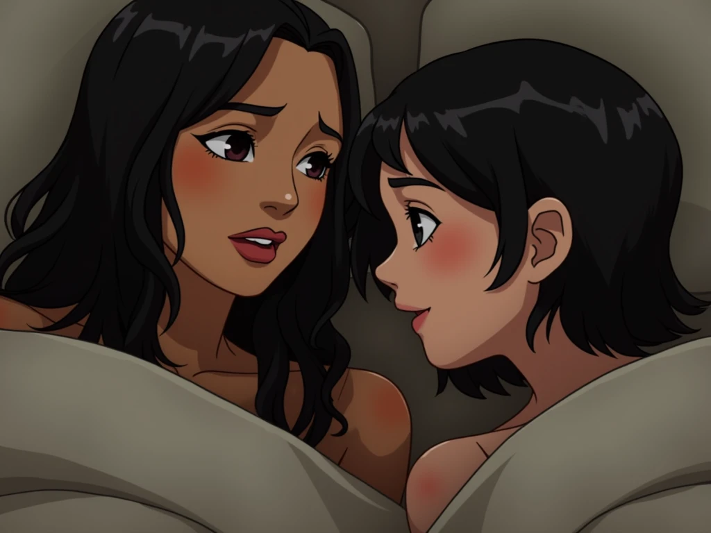 Source_anime, 1 couple, (dark skin tone girl, white boy:1.5), teenager, best quality, high quality, masterpiec, black eyes, black hair, short hair, naked, impressed, big breasts, missionary sex