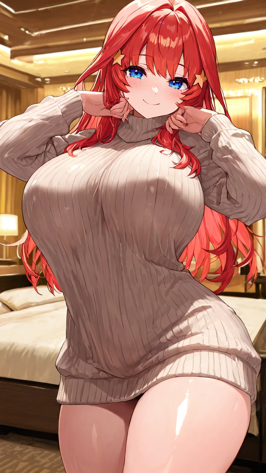 (best quality,4k,ultra-detailed), ,HDR,professional,portrait,colorful,soft lighting,Karin Uzumaki,beautiful detailed eyes,red eyes, glassesbeautiful detailed lips, red hair flowing,happy expression,playful personality, thigh cleavage, red panties, in bed, bedroom, bed, sitting on the bed, bigbreasts, groin, long wavy hair,rosy cheeks,yellow dress,playful pose,feminine charm,lewd smirk,lifting dress,showing off panties,teasing look,confident stance, High Detail, 1080p, 18k