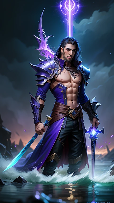 (((1 Male))) barbarian, full body, short hair, black hair, bright purple eyes, bear fur coat, pants, Brown hood, full armor, axe, muscular, war paint, black forest, shadows, Elf ears, dynamic pose