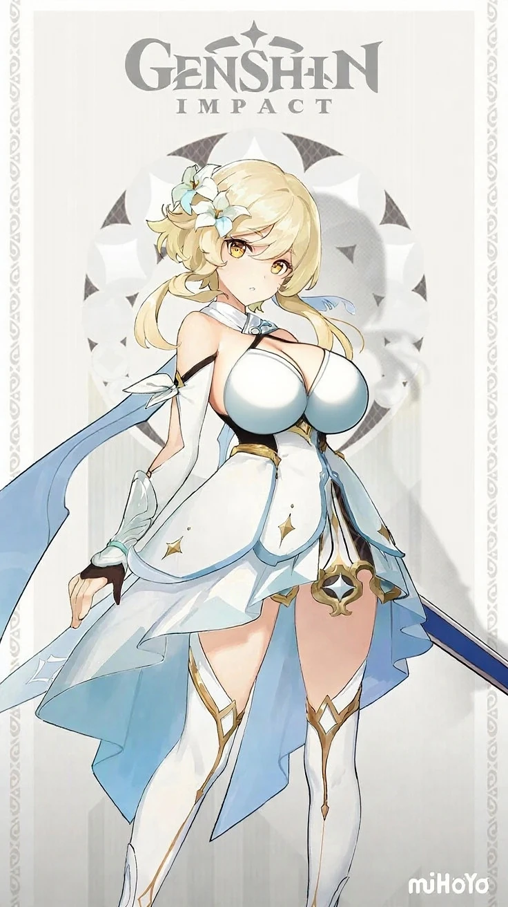 blonde hair, white colored dress, blue eyes, gigantic breasts, cleavage, bare legs, smiling