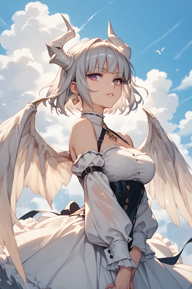 1girl, short hair, white hair, yellow eyes, horns, long hair, dress, ice, snow, from above, cleavage, wings,