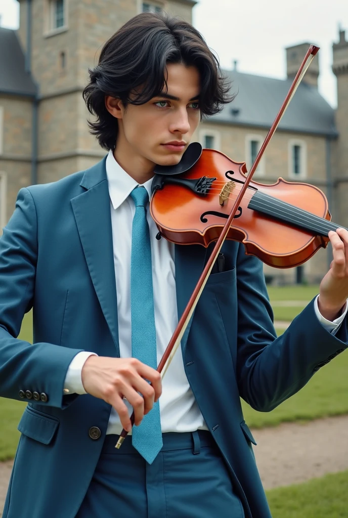 (highres,masterpiece:1.2),ultra-detailed,(realistic,photorealistic,photo-realistic:1.37),A boy with blue hair playing the violin 
(blue hair),(beautiful face),(carefree expression),(striking blue eyes),(detailed facial features),(long eyelashes),(fair skin),
(wearing a tailored black suit),(standing in a lush garden),(sunlight filtering through the leaves),(vibrant colors),(colorful flowers in the background),
(grass under his feet),(an ornate vintage violin in his hands),(playing with passion and skill),(fingers flying across the strings),
(subtle musical notes floating in the air),(creativity flowing through him),(magical atmosphere),(captivating the audience),
(peaceful and soothing melody),(music resonating with nature),(harmony between the boy and his surroundings),
(a sense of tranquility and serenity),(expertly captured moment in time),(impeccable attention to detail),(professional artist's touch),
(realistic textures and shadows),(masterful use of light and shadow),(impressive depth and perspective),(carefully crafted composition),
(every little detail perfectly rendered),(creating a harmonious visual symphony),
(to create a mesmerizing and unforgettable artwork that leaves a lasting impression).
