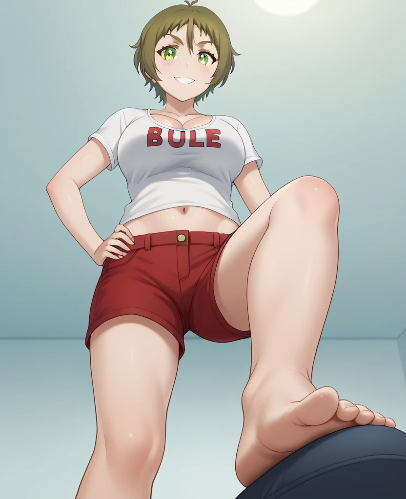 (Masterpiece), 8k wallpaper, Watanabe you, school hallway, blue wrestling bikini, cowboy shot, pussy, hands on hip