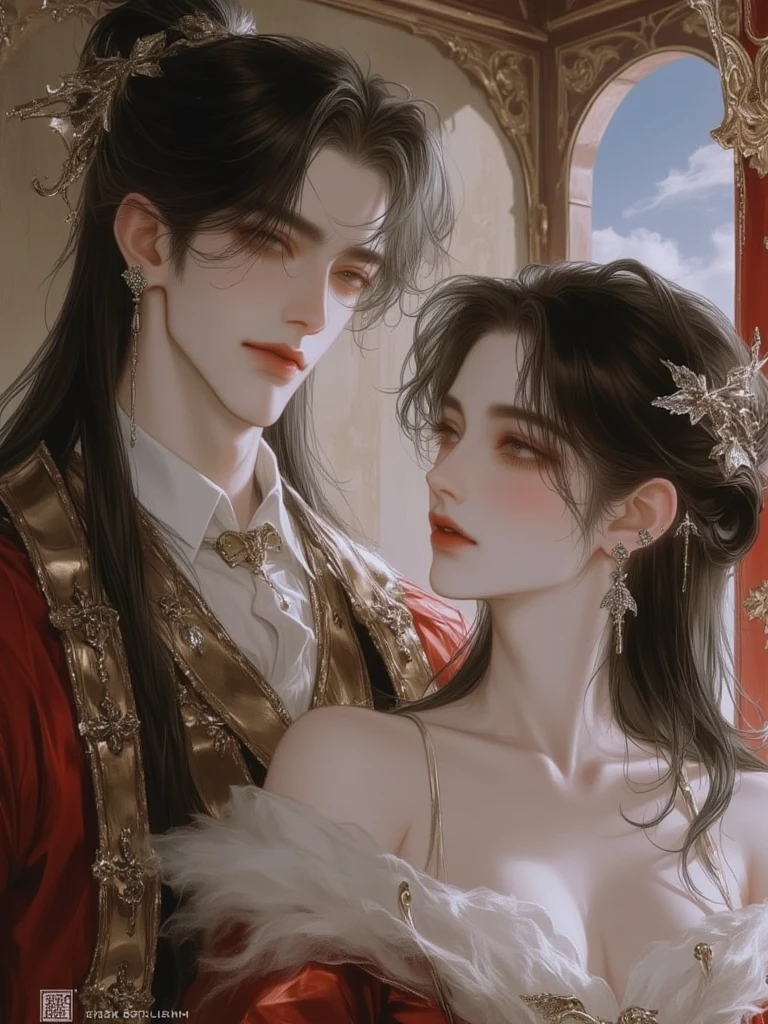 ((realistic)), (masterpiece), (5K), (best quality), 2d Couple, ((a young gray hair couple)), ((a gray long hair woman , vivid eyes, small boobs, red dress)), brown eyes, ultra well detailed eyes, ((a gray hair guy, wearing a prince cloth, royal clothes)), beautiful couple pose, (summer night walk)