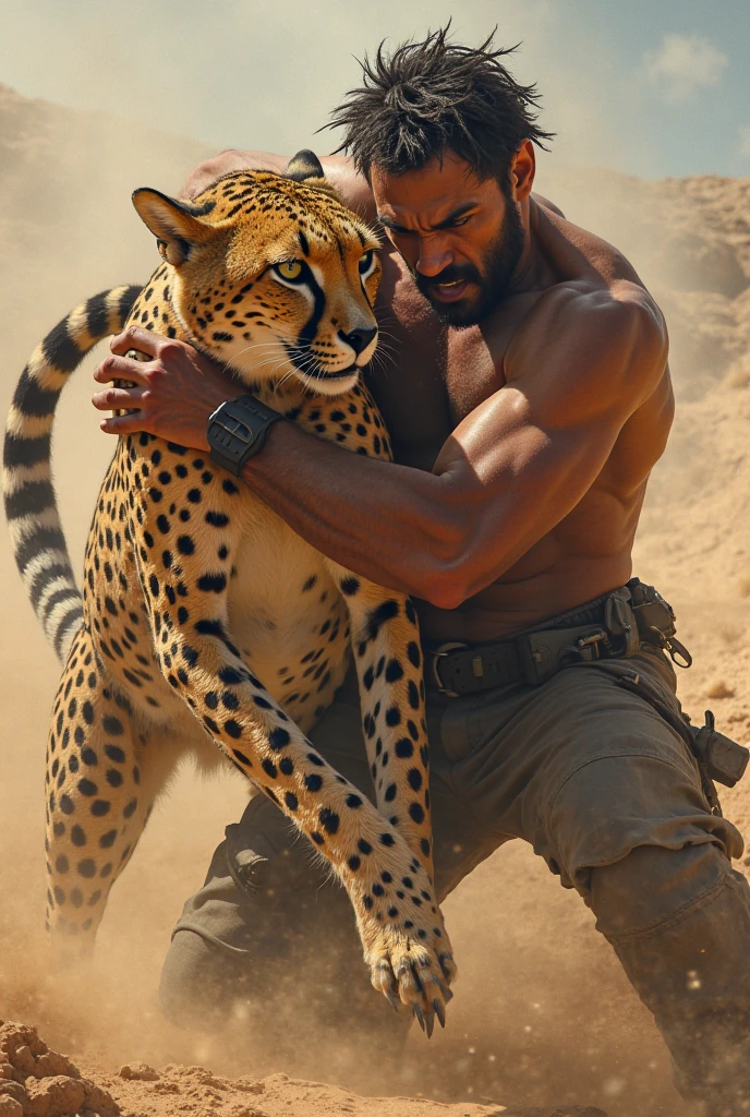 A handsome slim white skinned man in the desert shirtless with two leopards beside him