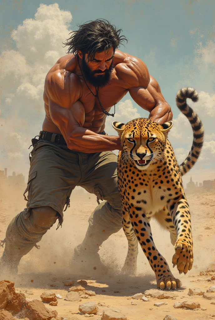A handsome man with a slim handsome face without a shirt on the.desert with two leopards