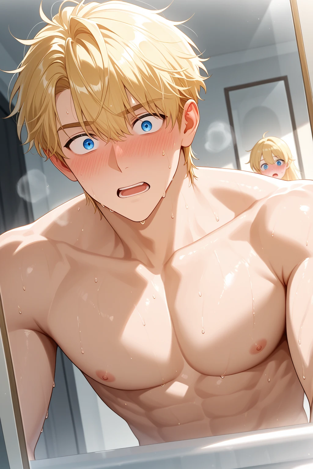 ultra-detailed, masterpiece, best quality, highres, extremely detailed, nsfw, (solo shoot:1.5), (1boy:1.5), man, (lean guy:1.5), short hair, work clothes, open shirt, bottomless, torn clothes, drunk, (restrained:1.5), shackles, handcuffs, gagged, bondage, (cum on body:1.6), strobe lighting, spotlight,