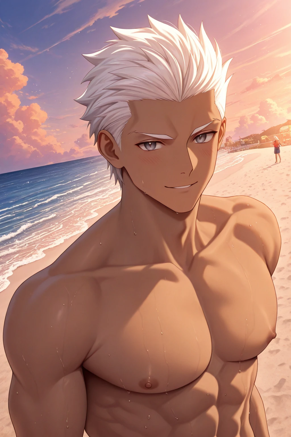 Masterpiece, Male{tanned skin}, 10 pack abs, big biceps{very oily}, long beige hair{side hair}, hairy armpits{sweaty}, has big body{oily and sweaty}, smirking face, handsome face, very very sweaty and oily body, white stuff on his face and body, shirtless, very sweaty, long dick inside pants, showing hairy armpits and dick, gay porn