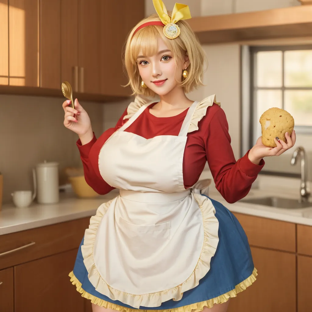 Making pancakes in the Asteria VK skillet,a blond,Twin-tailed,1little girl,Woman in her 30s,maid apronl,Laughing,kitchin,Bento,sodden,The upper part of the body