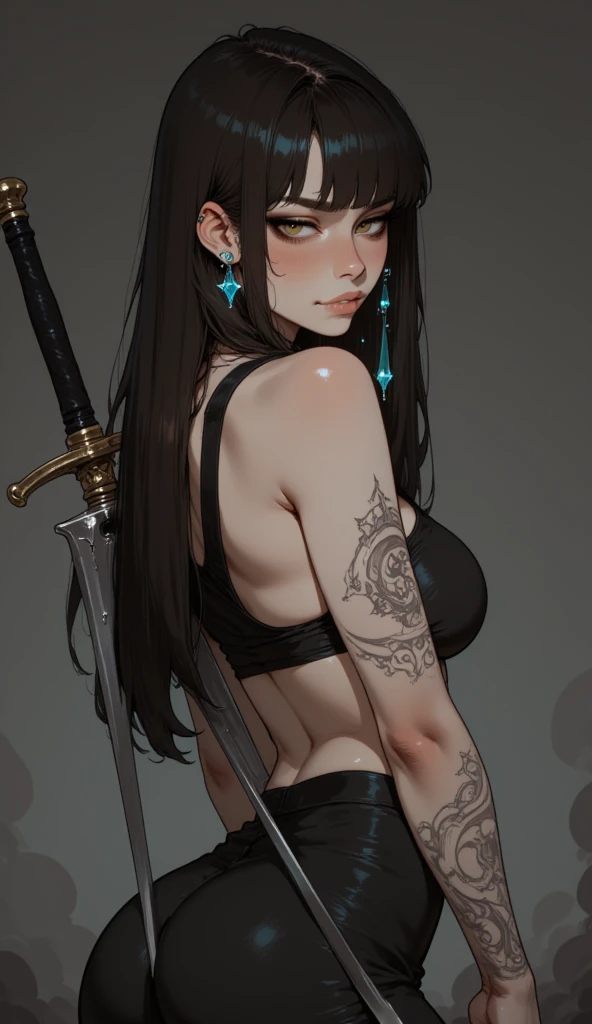 A vampiric woman in a black mini dress, with her hair intertwined, with tattoos in a world created with 8k technology, large breasts, full body.