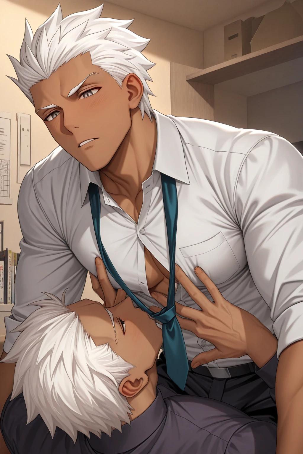 close up, older man, ((60 years old)), slight wrinkles, white hair, vest, long sleeve shirt, muscle, handsome, masculine, hip up shot, loose tie, glasses, ((shirtless)),waiter wrist cuffs, ((hairy white chest)), sitting, spread legs, one arm up, smirk, ((white body hair)), ((hairy armpits)), (((white happy trail))), medium kept beard, big chest, nipples,(((flaccid big penis))), ahe gao, cumming