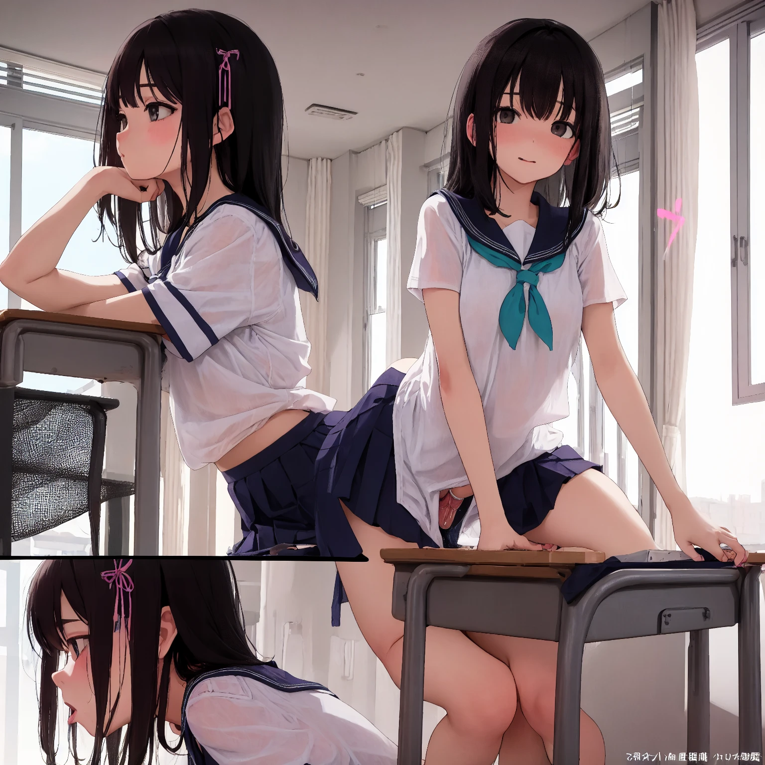 A little girl is wearing a miniskirt with no panties　She lifts up her skirt and shows it.