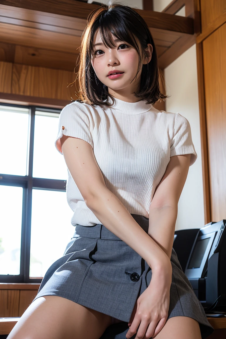 Hotel Bedroom、turtleneck、((short hair))、Japanese high school students、18-year-old female, RAW shooting, (realism: 1.8, Realistic), High resolution、One Girl, Looking into the camera, (High Quality Skins: 1.8, Shiny skin)), 8K、Soft lighting、Stand in front, Japanese women, From the ankles to the whole body,  A shot looking up from the feet,height: 160cm, Weight 50kg、(((Wearing pantyhose)))、Charm、(((Captivating look:1.8)))、(((Kneel:1.5)))