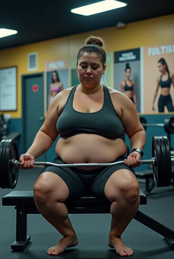 create an image of an obese woman sad about being at the gym working out and lifting weights