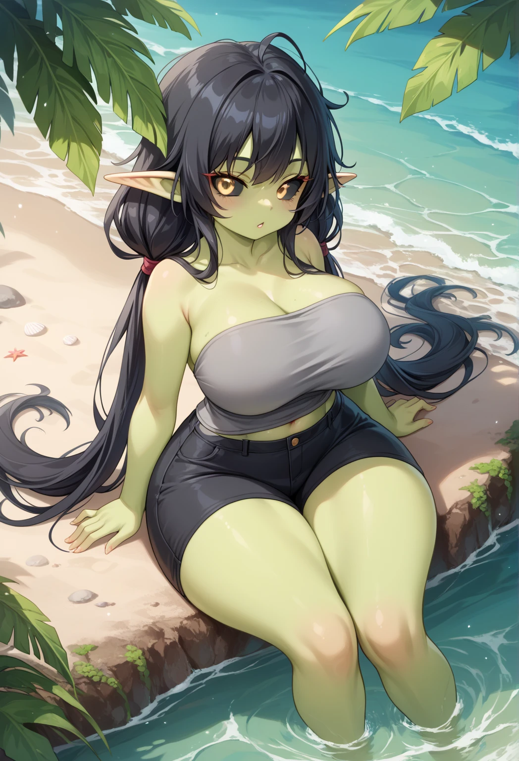 ((ultra quality)), ((tmasterpiece)), Goblin Girl, Short stature, ((black long hair wet)), (beatiful face), (beautiful female lips), (), Charming, ((sexy facial expression)), is looking at the camera, eyes slightly open, (Skin color: green), (green skin), Body glare, wet body, ((detailed beautiful female eyes)), ((green eyes eyes)), (juicy female lips), (), (beautiful female hands), ((perfect female figure)), perfect female body, Beautiful waist, Gorgeous hips, Beautiful large breasts, ((Subtle and beautiful)), standing sexy in the water (close-up of the face), ( Dressed in a sexy bikini bottoms), Topless, background: Beach, Palma, ((Depth of field)), ((high quality clear image)), (crisp details), ((higly detailed)), Realistic, Professional Photo Session, ((Clear Focus)), the anime