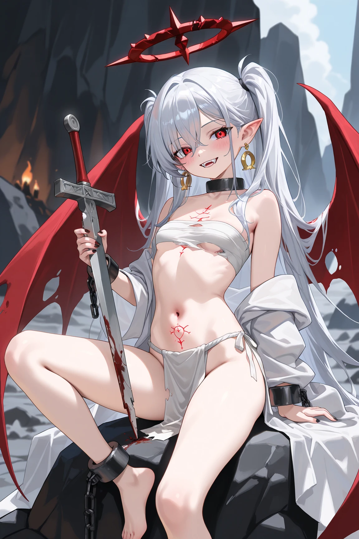 NSFW,One girl, Red eyes, Wavy silver hair, Pointed Ears, vampire, Drooping eyes,dress, necklace, White lace panties,Hair Flowers, snow, ice, whole body,futanari,Penis hidden in panties