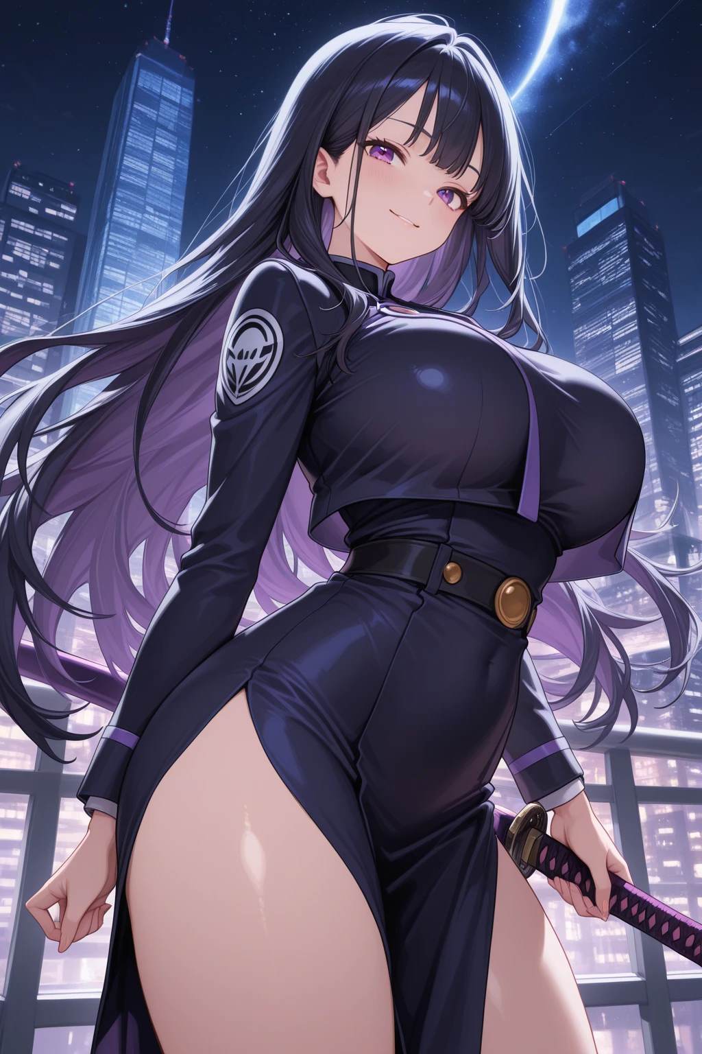 masterpiece, best quality, HuTaoV4, 1girl, solo, blush, twintails, long hair, hair between eyes, ((streetwear clothes)), ((gigantic breasts:1.4)), (skin tight full bodysuit), city, outdoors, night, movie poster, extremely detailed 8K, smooth, high resolution, ultra quality, cinematic lighting, ambient occlusion, hd, 2k, 4k, 8k, 16k, extremely detailed anime, detailed faces, perfect composition, wide shot, atmospheric lighting, very sexy, lift skirt, random low back angle, uncensored, nsfw, sin censura